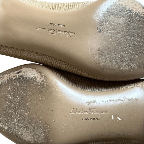Salvatore Ferragamo Giusy Beige Lizard Print Leather Kitten Heel Pumps Size 8,5 - Picture 11 of 12